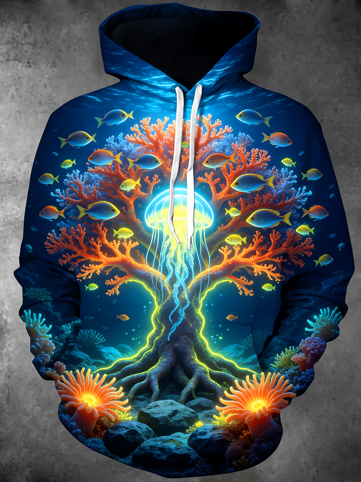 Adaychic Men's Underwater Coral Reef And Jellyfish Print Long Sleeve Hoodie