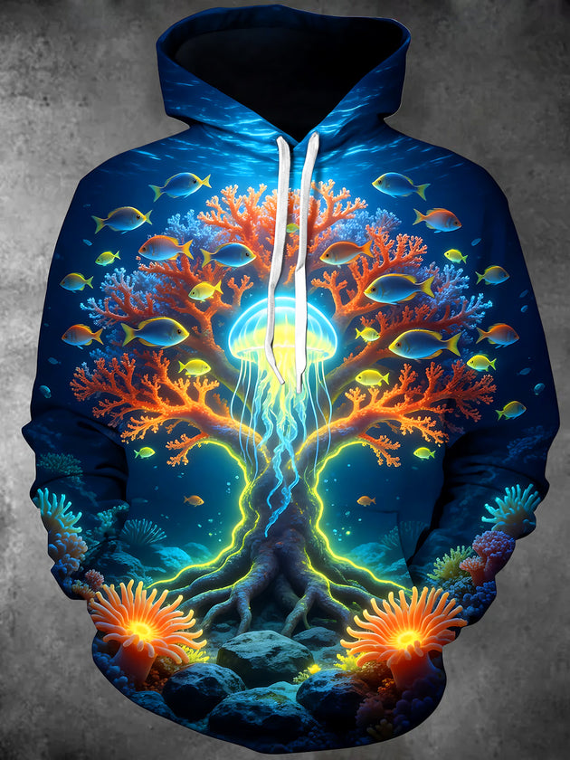 Adaychic Men's Underwater Coral Reef And Jellyfish Print Long Sleeve Hoodie