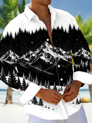 Adaychic Men's Printed Snowy Mountains And Forest Print Long Sleeve Shirt with Chest Pocket