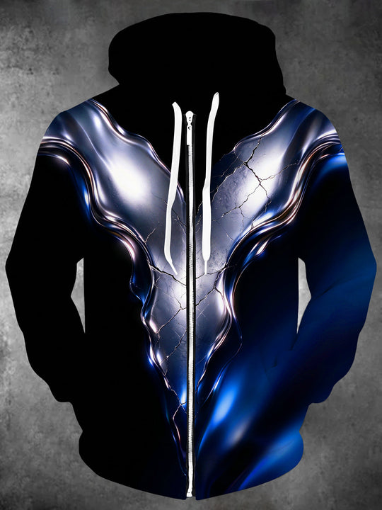 Adaychic Men's 3D Liquid Metal Crack Pattern Long Sleeve Zip-Up Hoodie with Kangaroo Pocket