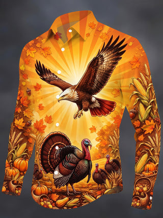 Adaychic Men's Thanksgiving Bald Eagle And Turkeys Print Long Sleeve Shirt with Chest Pocket