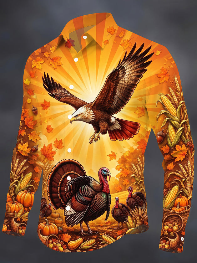 Adaychic Men's Thanksgiving Bald Eagle And Turkeys Print Long Sleeve Shirt with Chest Pocket