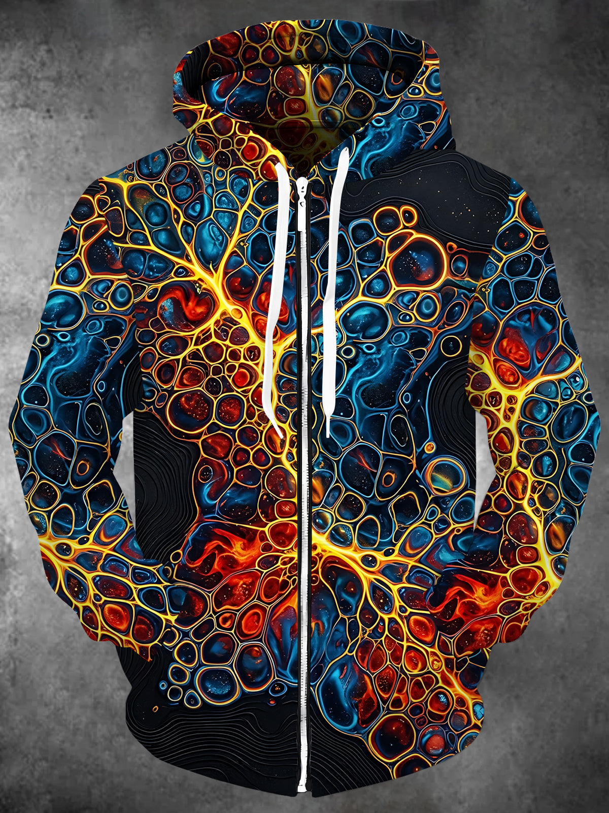 Adaychic Men's Long Sleeve Zip-Up Hoodie - Abstract Fluid Cells And Topographic Lines Print