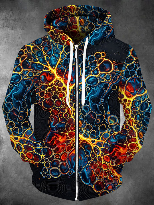Adaychic Men's Long Sleeve Zip-Up Hoodie - Abstract Fluid Cells And Topographic Lines Print