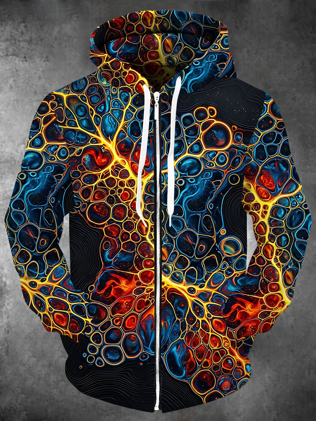 Adaychic Men's Long Sleeve Zip-Up Hoodie - Abstract Fluid Cells And Topographic Lines Print