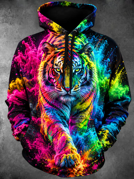 Adaychic Men's Colorful Tiger With Powder Explosion Print Long Sleeve Hoodie