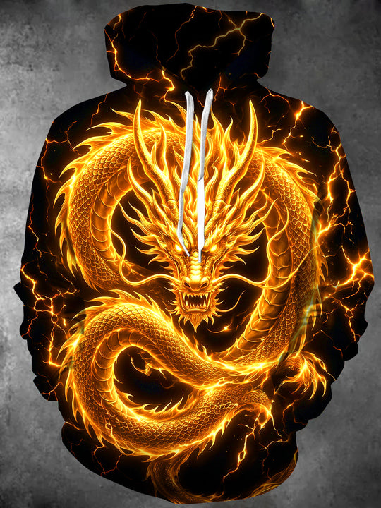 Adaychic Men's Golden Dragon With Lightning Print Long Sleeve Pullover Hoodie with Kangaroo Pocket