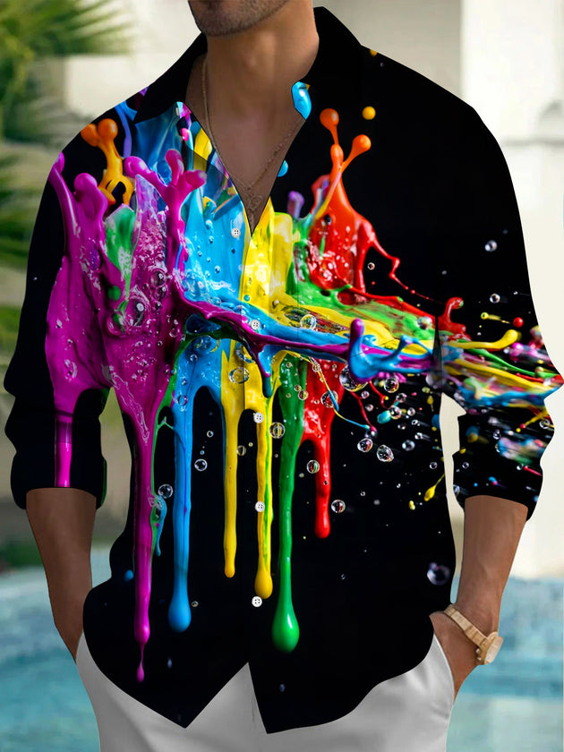 Adaychic Men's Colorful Paint Splashes And Drips Print Long Sleeve Shirt with Chest Pocket