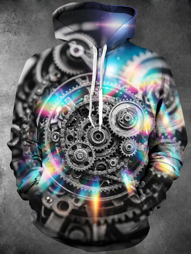 Adaychic Men's Long Sleeve Hoodie - Psychedelic Gear Cogs And Rainbow Light Rays Print
