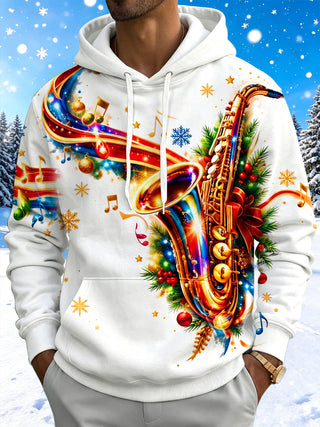 Adaychic Men's Long Sleeve Hoodie - Saxophone With Christmas Ornaments And Pine Branches Print