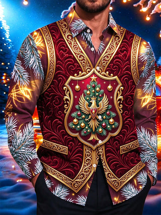 Adaychic Men's Christmas Eagle And Christmas Tree Print Long Sleeve Shirt with Chest Pocket