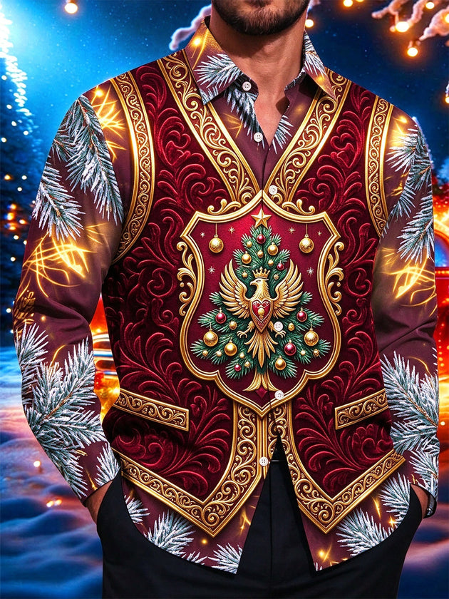 Adaychic Men's Christmas Eagle And Christmas Tree Print Long Sleeve Shirt with Chest Pocket