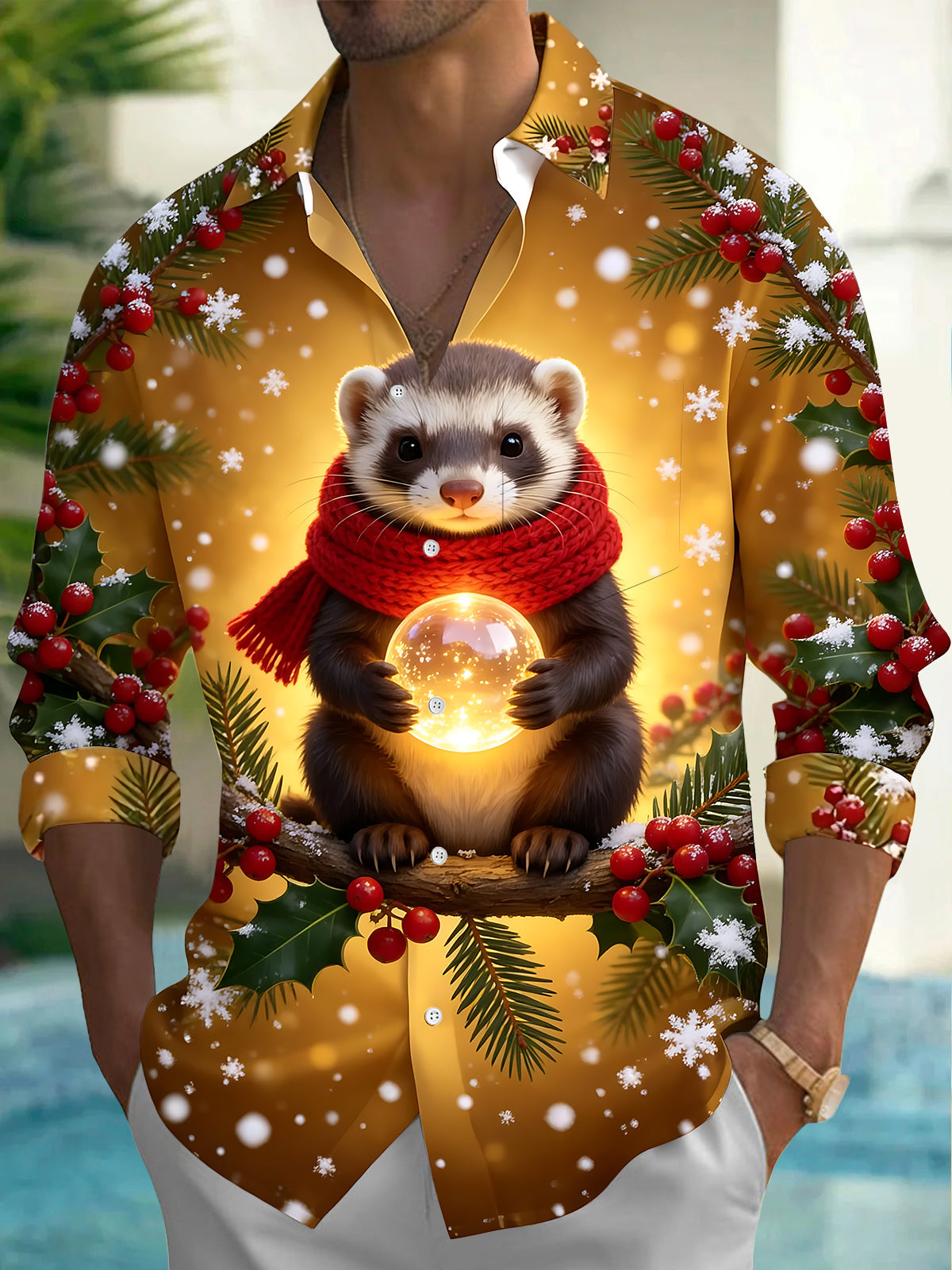 Adaychic Men's Long Sleeve Shirt - Christmas Ferret With Red Scarf And Glowing Orb Print with Chest Pocket