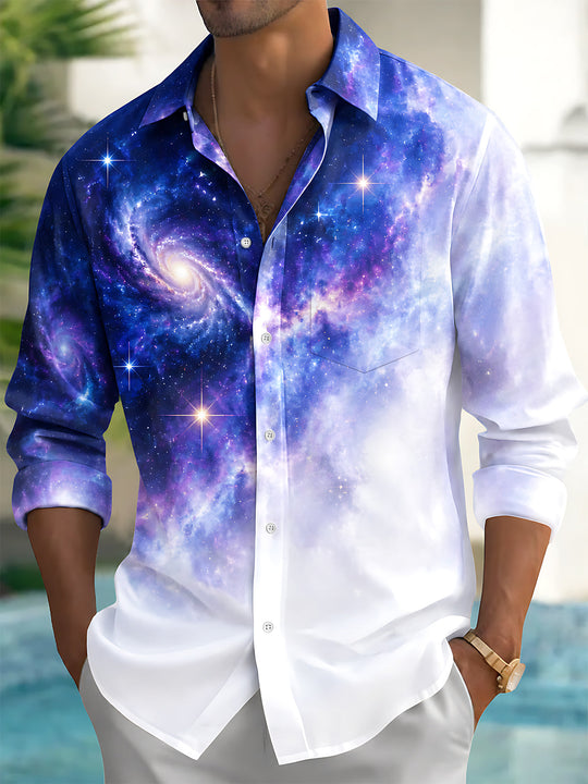 Adaychic Men's Printed Galaxy Nebula And Stars Print Long Sleeve Shirt with Chest Pocket
