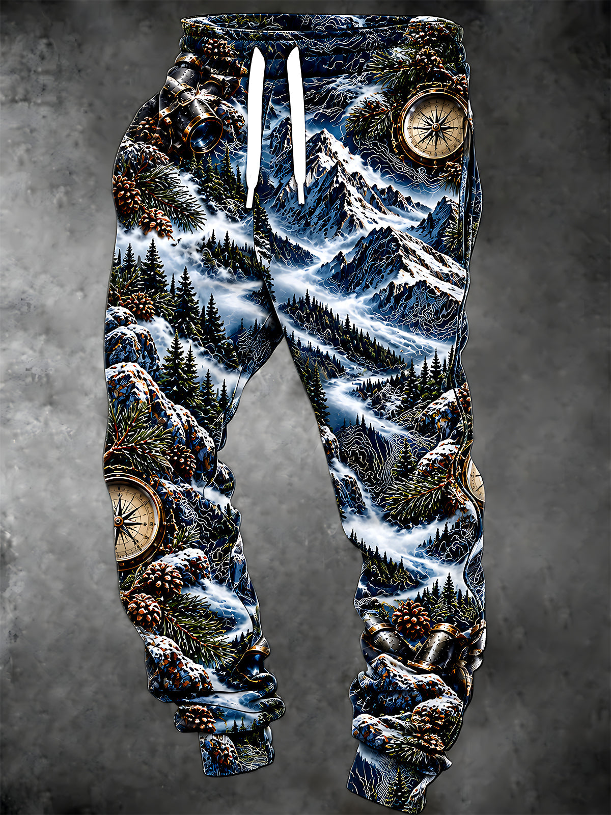 Adaychic Men's Printed Snowy Mountains And Pine Forest Print Pants