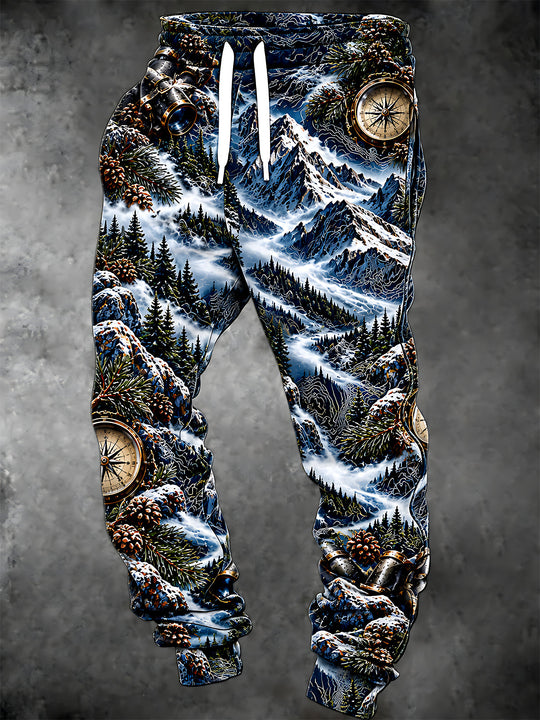 Adaychic Men's Printed Snowy Mountains And Pine Forest Print Pants