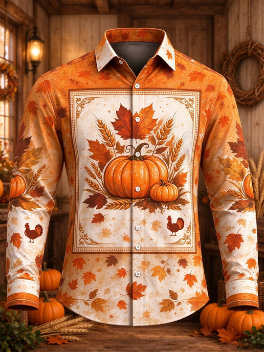 Adaychic Men's Long Sleeve Shirt - Thanksgiving Pumpkins Turkeys And Autumn Leaves Print with Chest Pocket