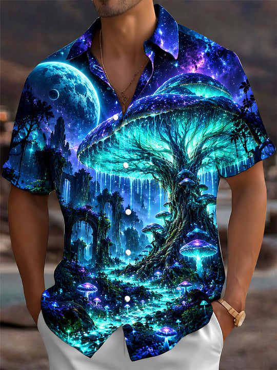 Adaychic Men's Hawaiian Mushroom Fantasy Forest Print Short Sleeve Shirt with Chest Pocket