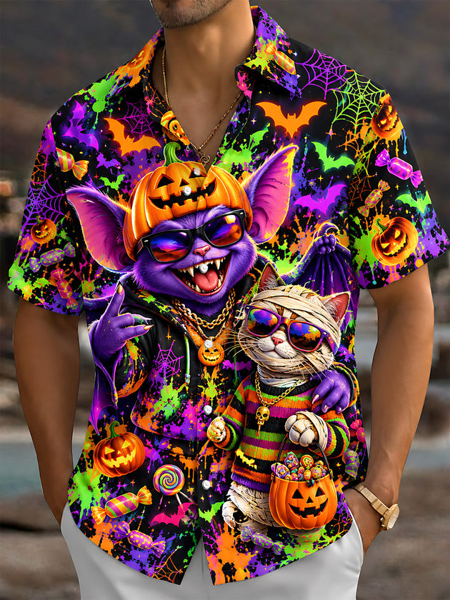 Adaychic Men's Halloween Purple Bat-cat And Mummy Cat Print Short Sleeve Shirt with Chest Pocket