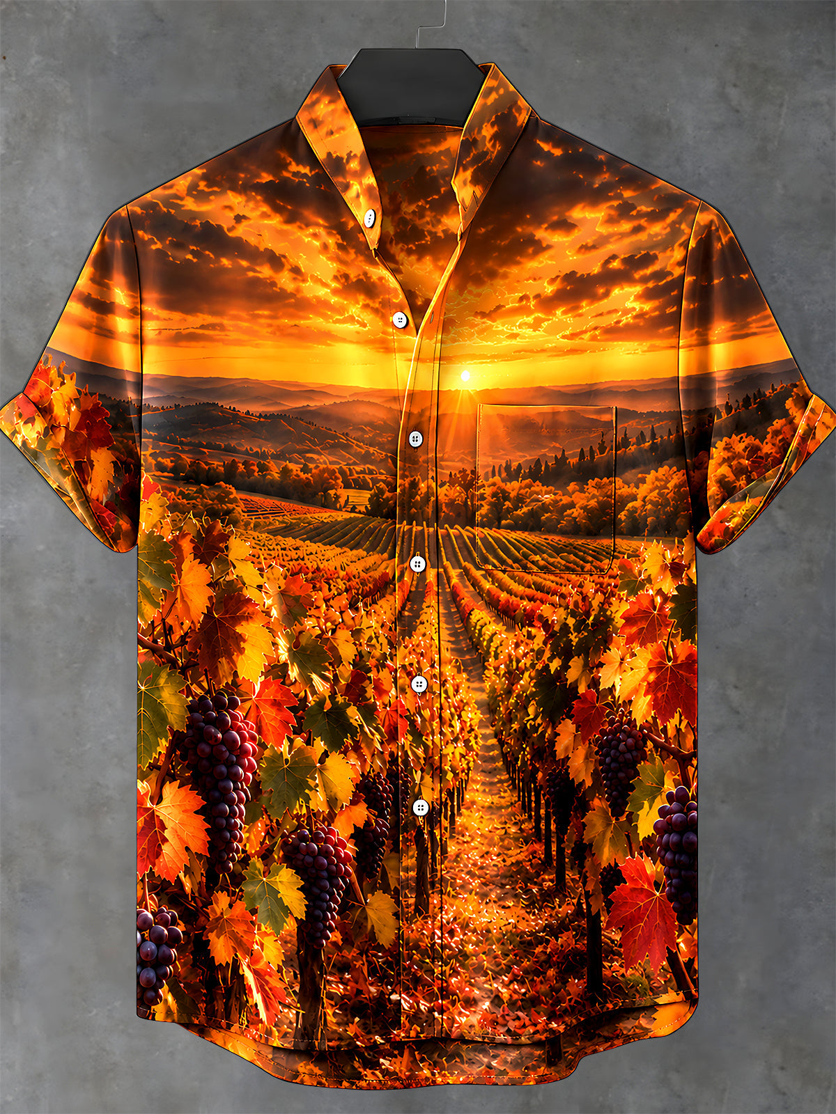 Adaychic Men's Short Sleeve Shirt - Autumn Vineyard Sunset Landscape With Grapes Print with Chest Pocket