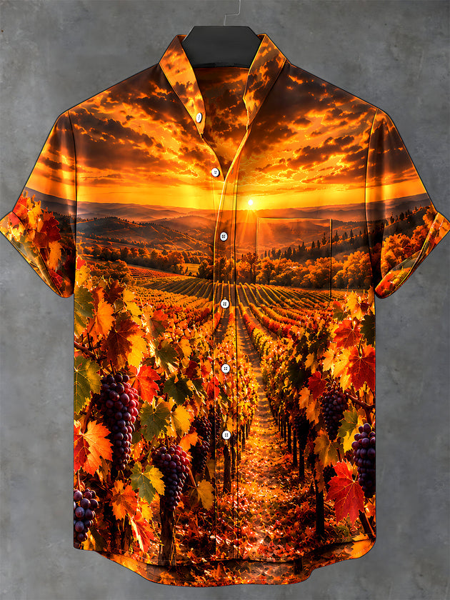 Adaychic Men's Short Sleeve Shirt - Autumn Vineyard Sunset Landscape With Grapes Print with Chest Pocket