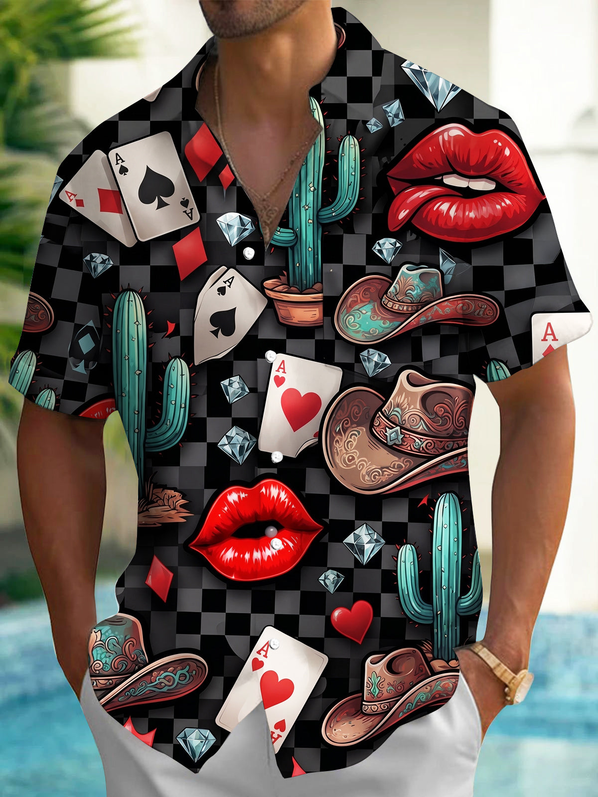 Adaychic Men's Graphic Poker Cards And Red Lips Print Short Sleeve Shirt with Chest Pocket