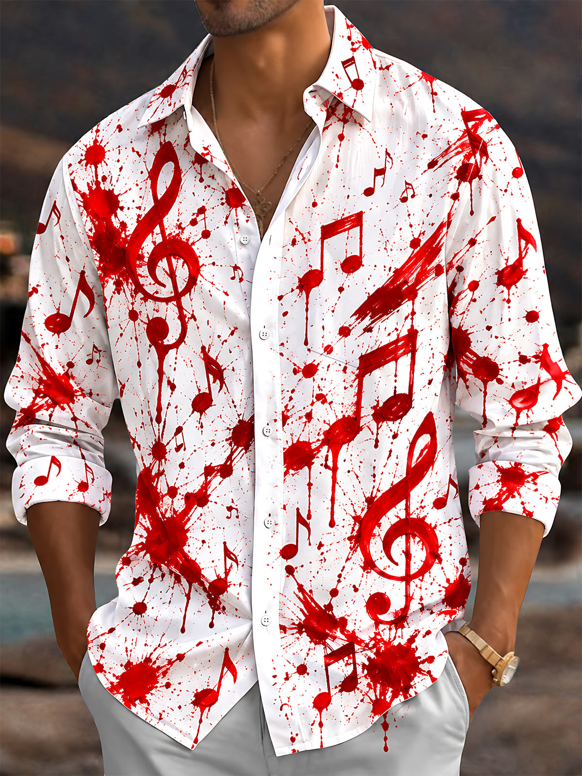 Adaychic Men's Long Sleeve Shirt - Halloween Red Musical Notes And Blood Splatter Print with Chest Pocket