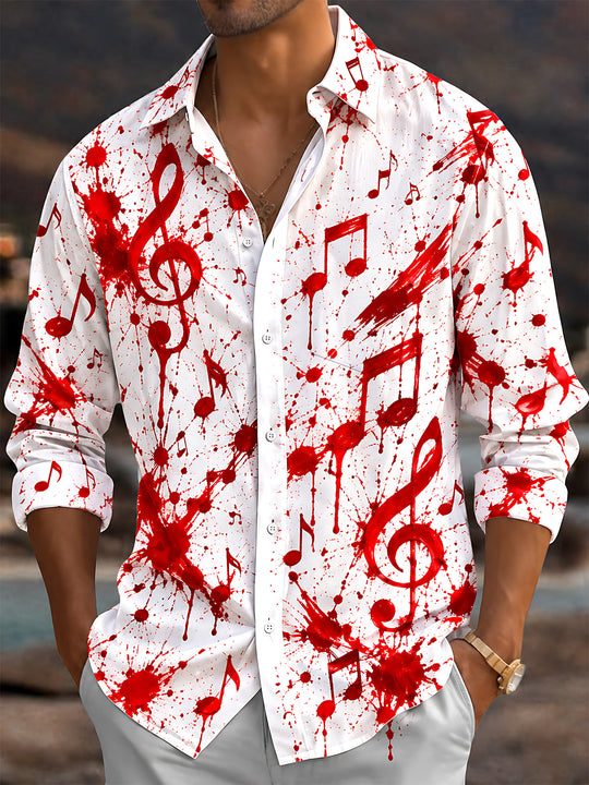Adaychic Men's Long Sleeve Shirt - Halloween Red Musical Notes And Blood Splatter Print with Chest Pocket