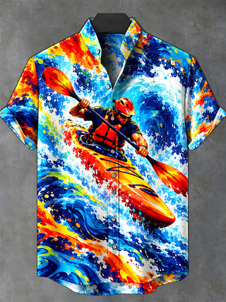 Adaychic Men's Short Sleeve Stand Collar Shirt - Canoeing Sport Man In Kayak With Paddle Print with Chest Pocket