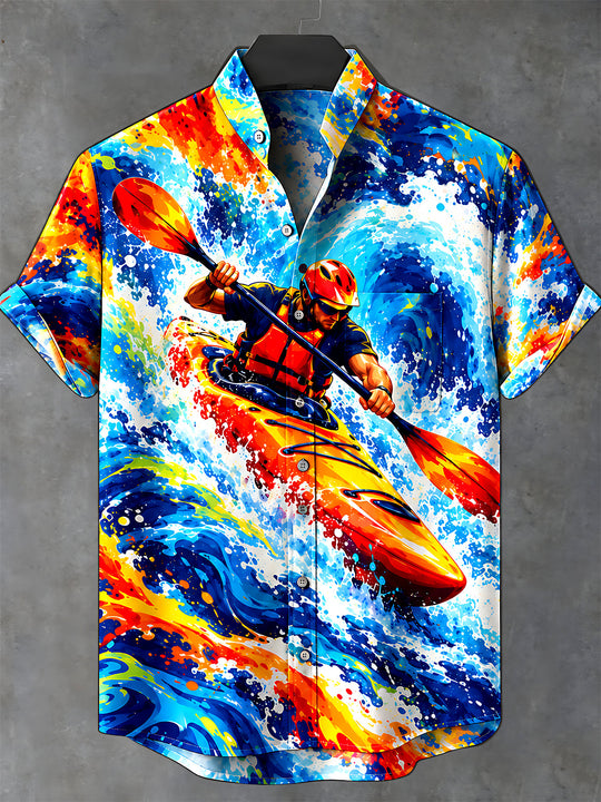Adaychic Men's Short Sleeve Stand Collar Shirt - Canoeing Sport Man In Kayak With Paddle Print with Chest Pocket