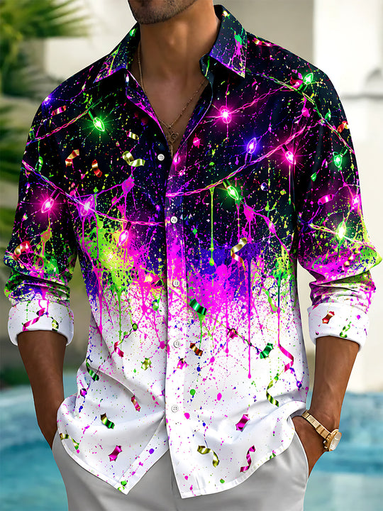 Adaychic Men's Graphic Christmas Lights And Confetti Print Long Sleeve Shirt with Chest Pocket