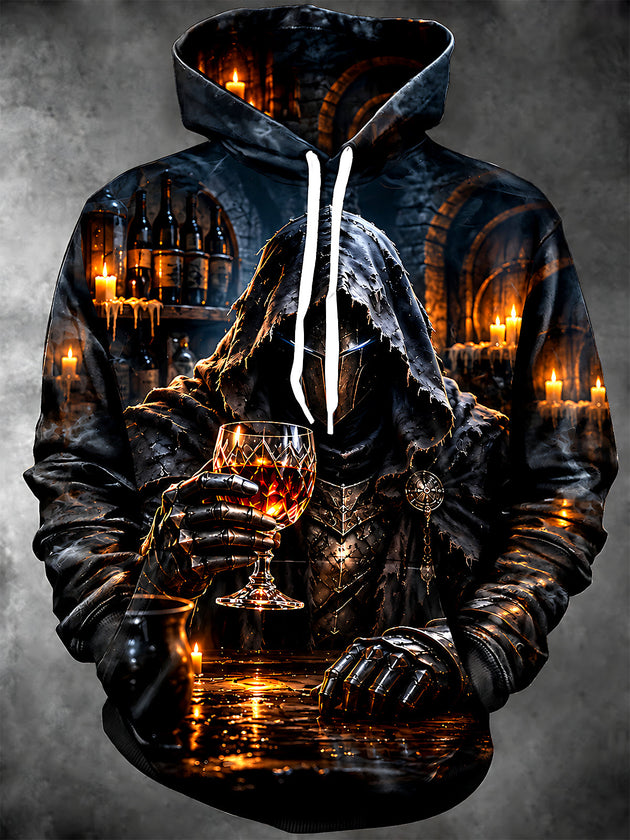Adaychic Men's Long Sleeve Hoodie - Dark Knight In Hooded Armor Holding Wine Glass Print