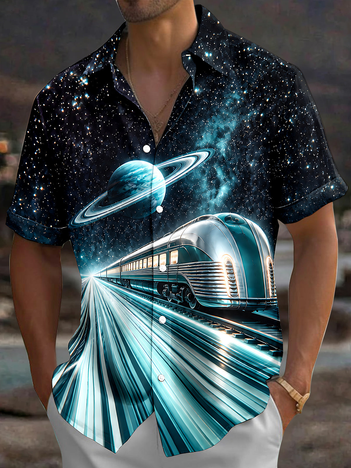 Adaychic Men's Graphic Interstellar Train And Planet Print Short Sleeve Shirt with Chest Pocket