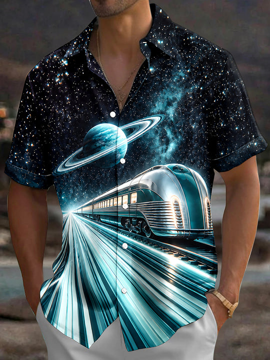Adaychic Men's Graphic Interstellar Train And Planet Print Short Sleeve Shirt with Chest Pocket