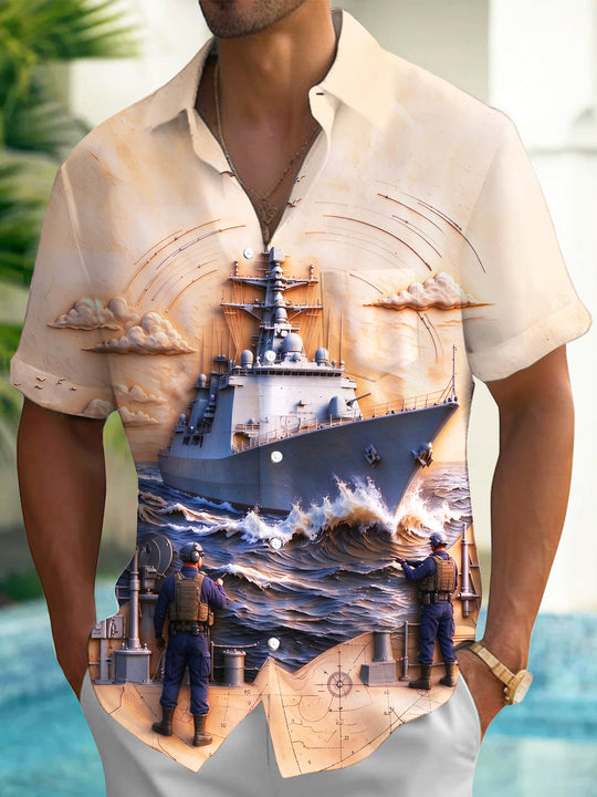 Adaychic Men's Graphic Navy Destroyer Ship And Sailors Print Short Sleeve Shirt with Chest Pocket