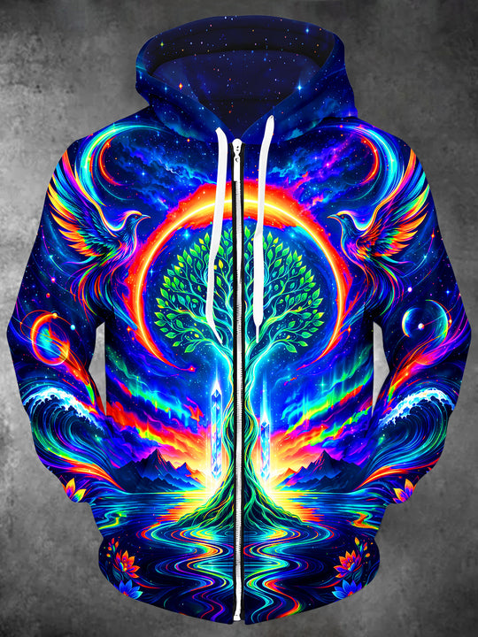 Adaychic Men's Long Sleeve Zip-Up Hoodie - Neon Tree Of Life And Twin Phoenixes Print