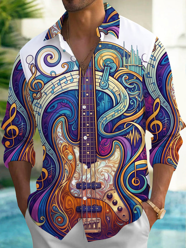 Adaychic Men's Long Sleeve Shirt - Psychedelic Bass Guitar And Musical Notes Print with Chest Pocket