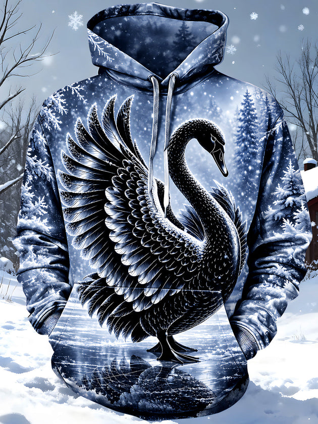 Adaychic Men's Graphic Black Swan Print Long Sleeve Hoodie with Chest Pocket