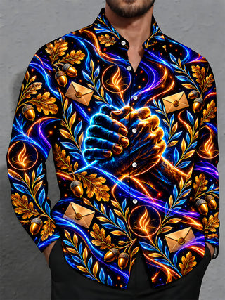 Adaychic Men's Graphic Veterans Day Neon Shaking Hands Print Long Sleeve Shirt with Chest Pocket