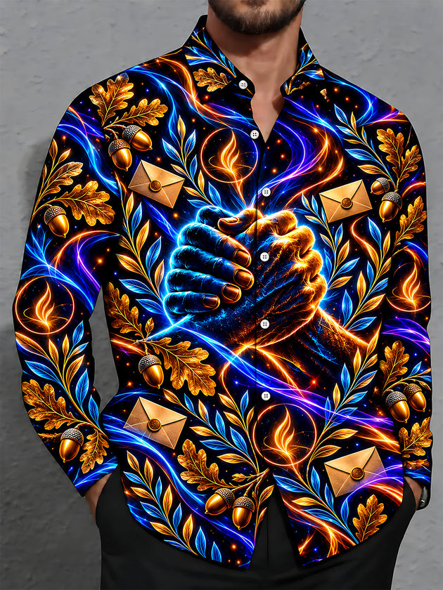 Adaychic Men's Graphic Veterans Day Neon Shaking Hands Print Long Sleeve Shirt with Chest Pocket