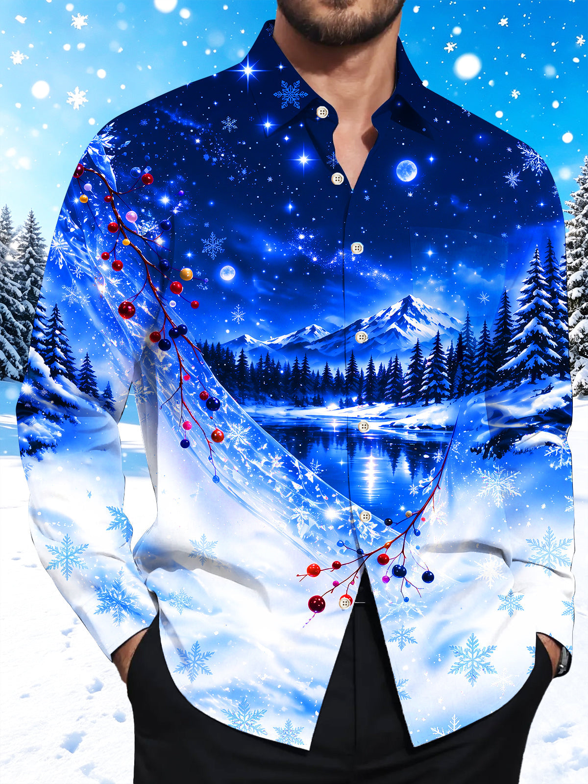 Adaychic Men's Winter Snow Mountain Forest Landscape Print Long Sleeve Shirt with Chest Pocket