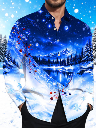 Adaychic Men's Winter Snow Mountain Forest Landscape Print Long Sleeve Shirt with Chest Pocket