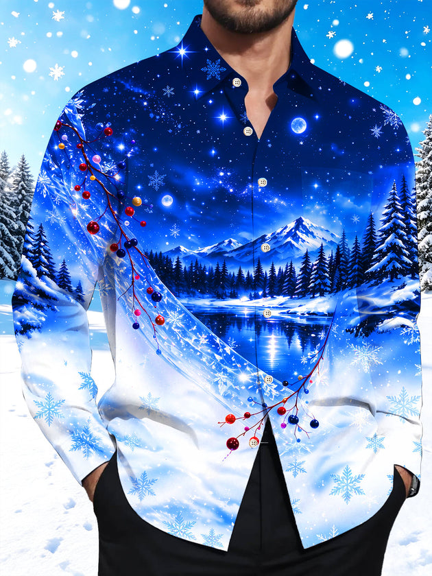 Adaychic Men's Winter Snow Mountain Forest Landscape Print Long Sleeve Shirt with Chest Pocket