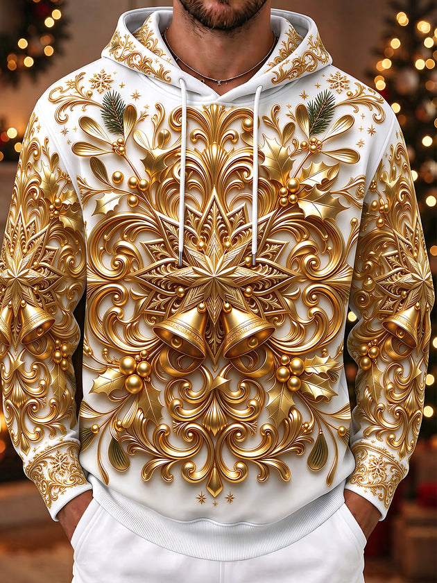 Adaychic Men's Gold Christmas Bells And Holly Print Long Sleeve Hoodie