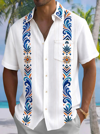 Adaychic Men's Geometric Floral And Sunburst Pattern Short Sleeve Shirt with Chest Pocket