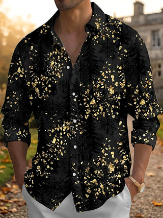 Adaychic Men's Printed Gold Snowflake And Gold Flake Pattern Long Sleeve Shirt with Chest Pocket