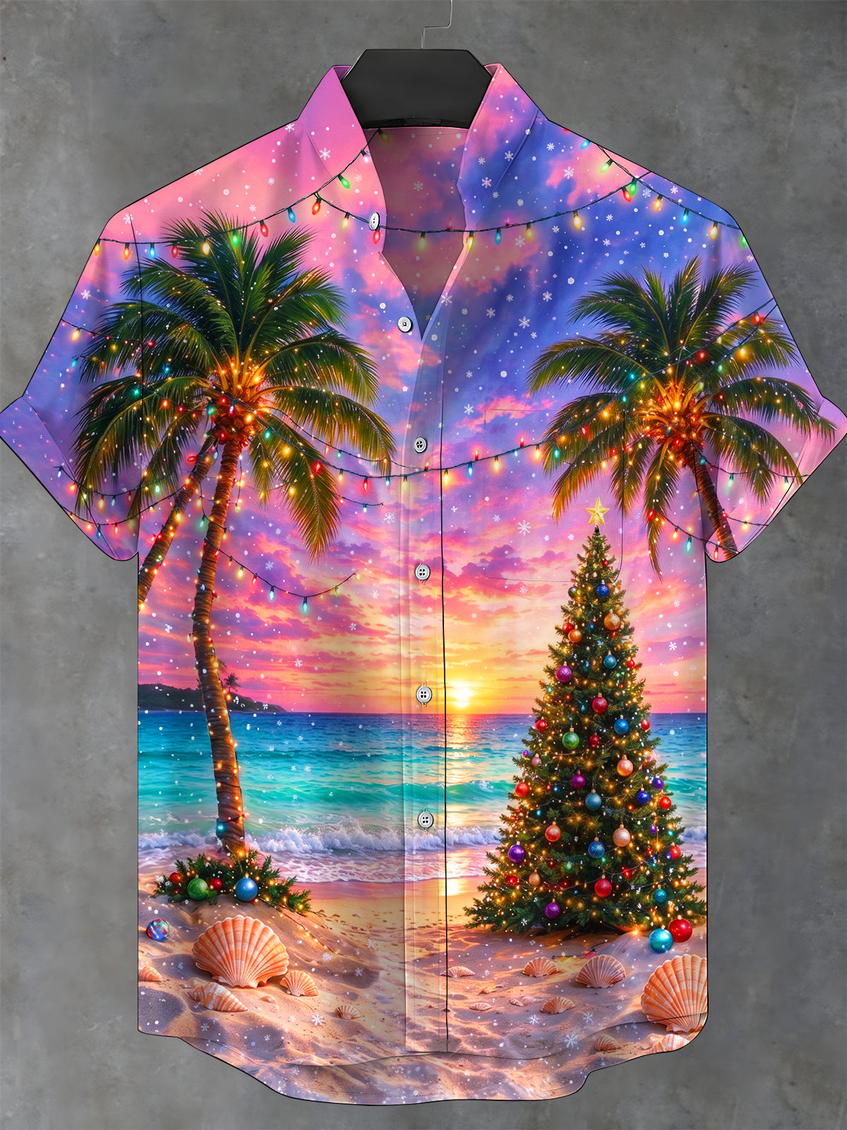 Adaychic Men's Short Sleeve Stand Collar Shirt - Christmas Tree And Ornaments On Beach Print with Chest Pocket