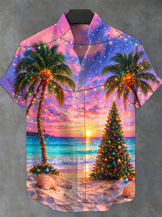 Adaychic Men's Short Sleeve Stand Collar Shirt - Christmas Tree And Ornaments On Beach Print with Chest Pocket