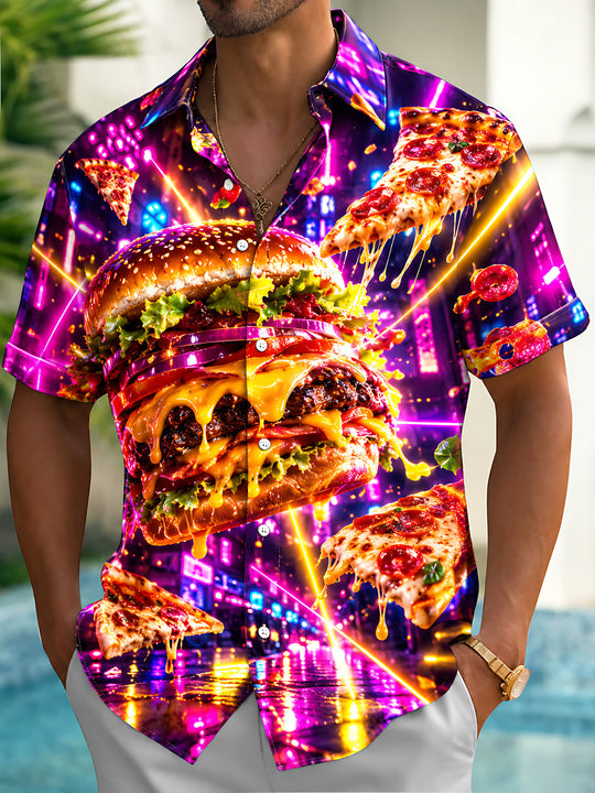 Adaychic Men's Graphic Neon Hamburger And Pizza Slices Print Short Sleeve Shirt with Chest Pocket