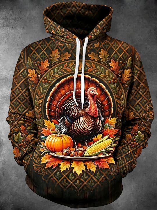 Adaychic Men's Printed Thanksgiving Turkey And Harvest Print Long Sleeve Hoodie